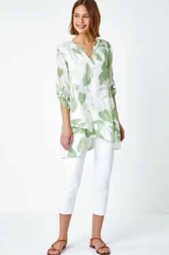 T-Shirts>Roman Palm Print V-Neck Wrap Hem Tunic Top Green