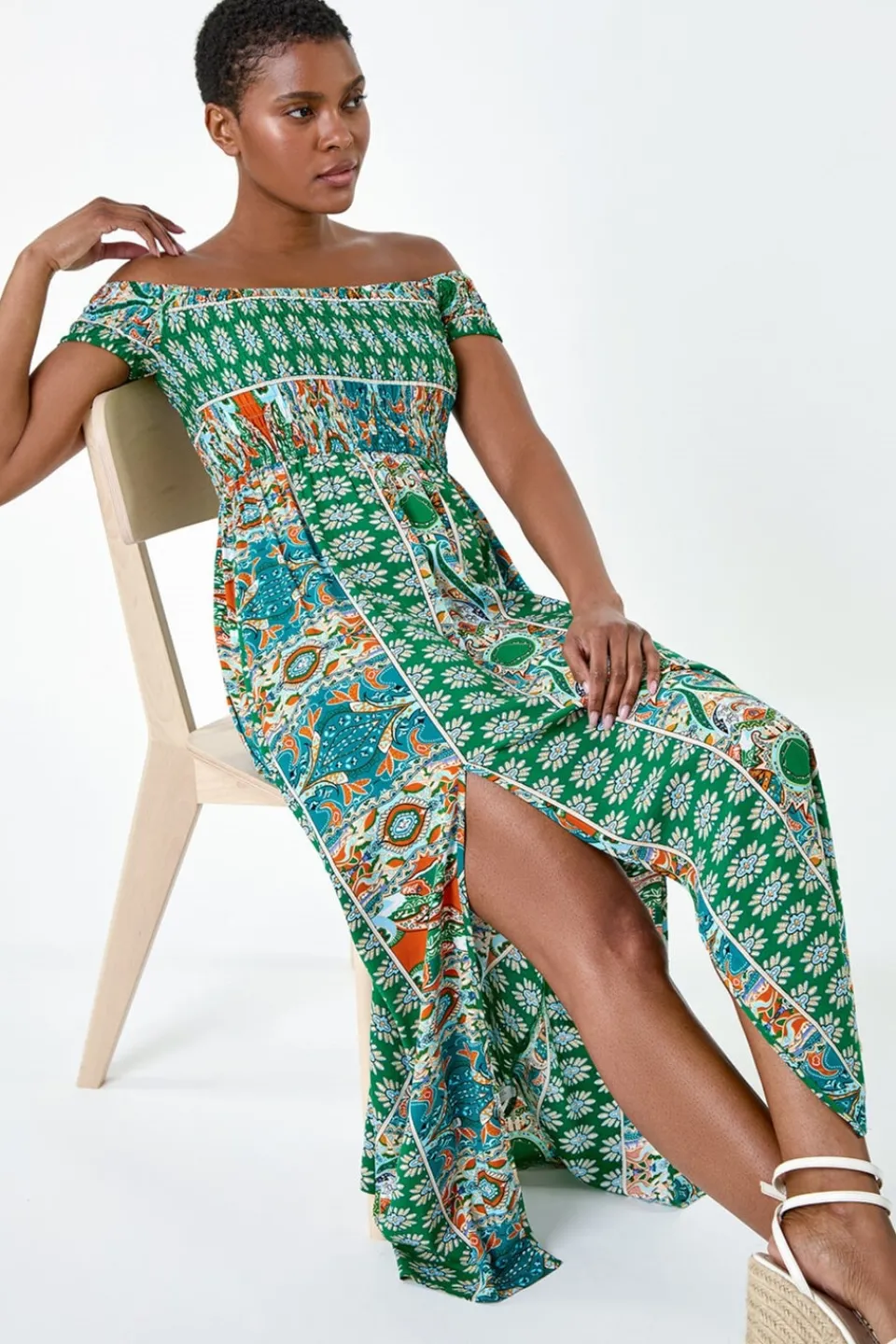 Dresses>Roman Green Patchwork Shirred Bardot Maxi Dress