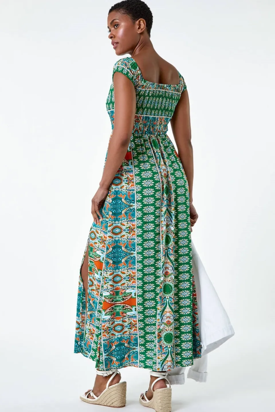 Dresses>Roman Green Patchwork Shirred Bardot Maxi Dress