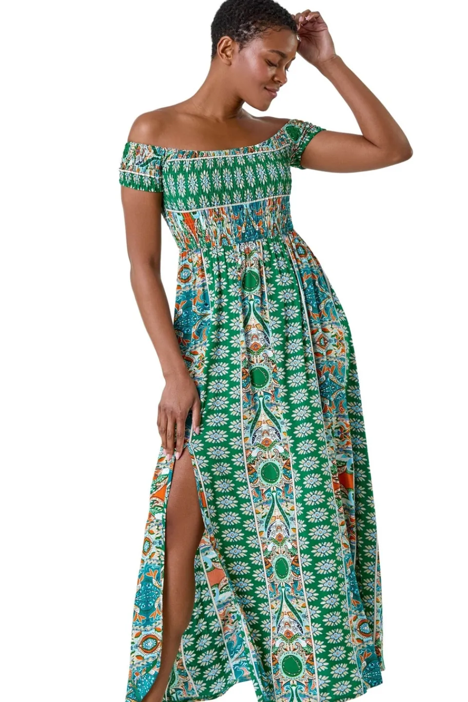 Dresses>Roman Green Patchwork Shirred Bardot Maxi Dress