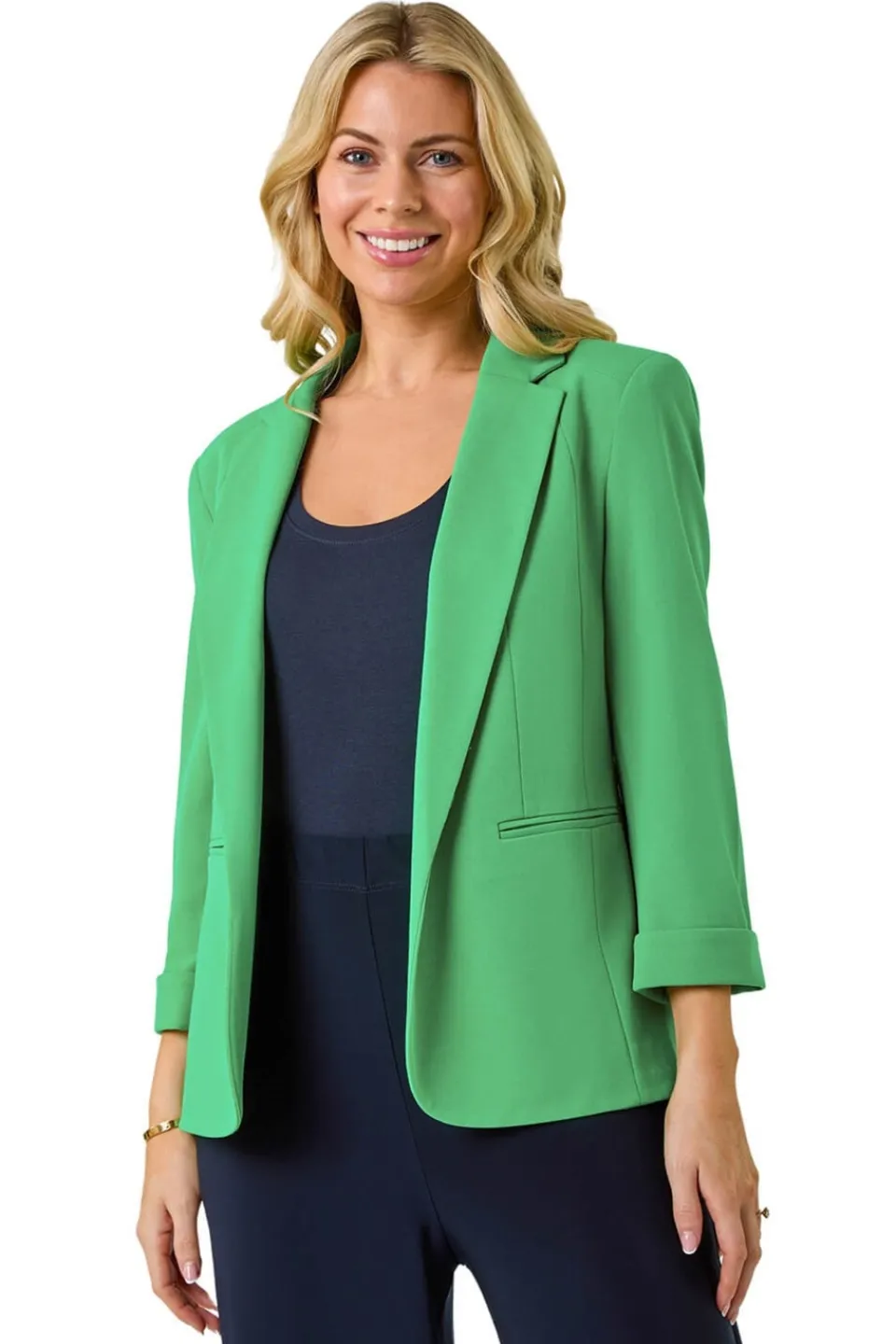Coats & Jackets>Roman Green Petite 3/4 Sleeve Classic Stretch Blazer