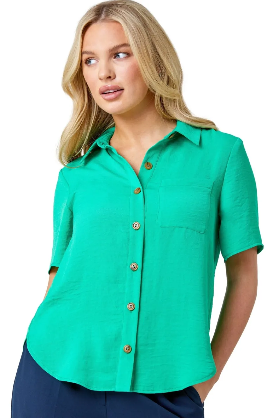Tops>Roman Petite Button Up Pocket Shirt Green