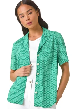 Tops>Roman Green Petite Geometric Buttoned Blouse