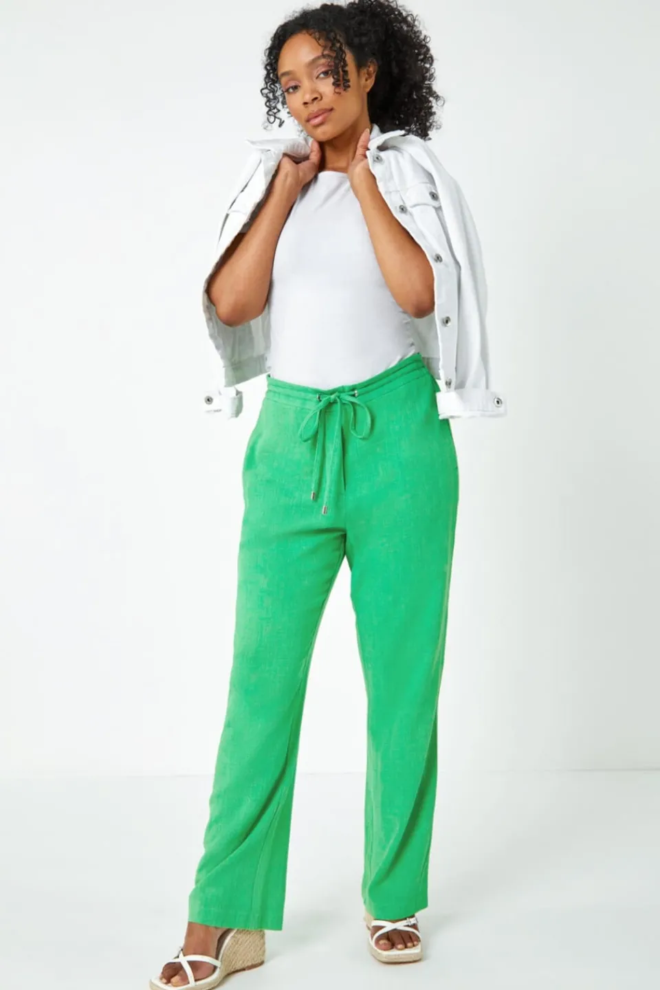 Trousers>Roman Green Petite Linen Mix Elastic Waist Tie Front Trousers