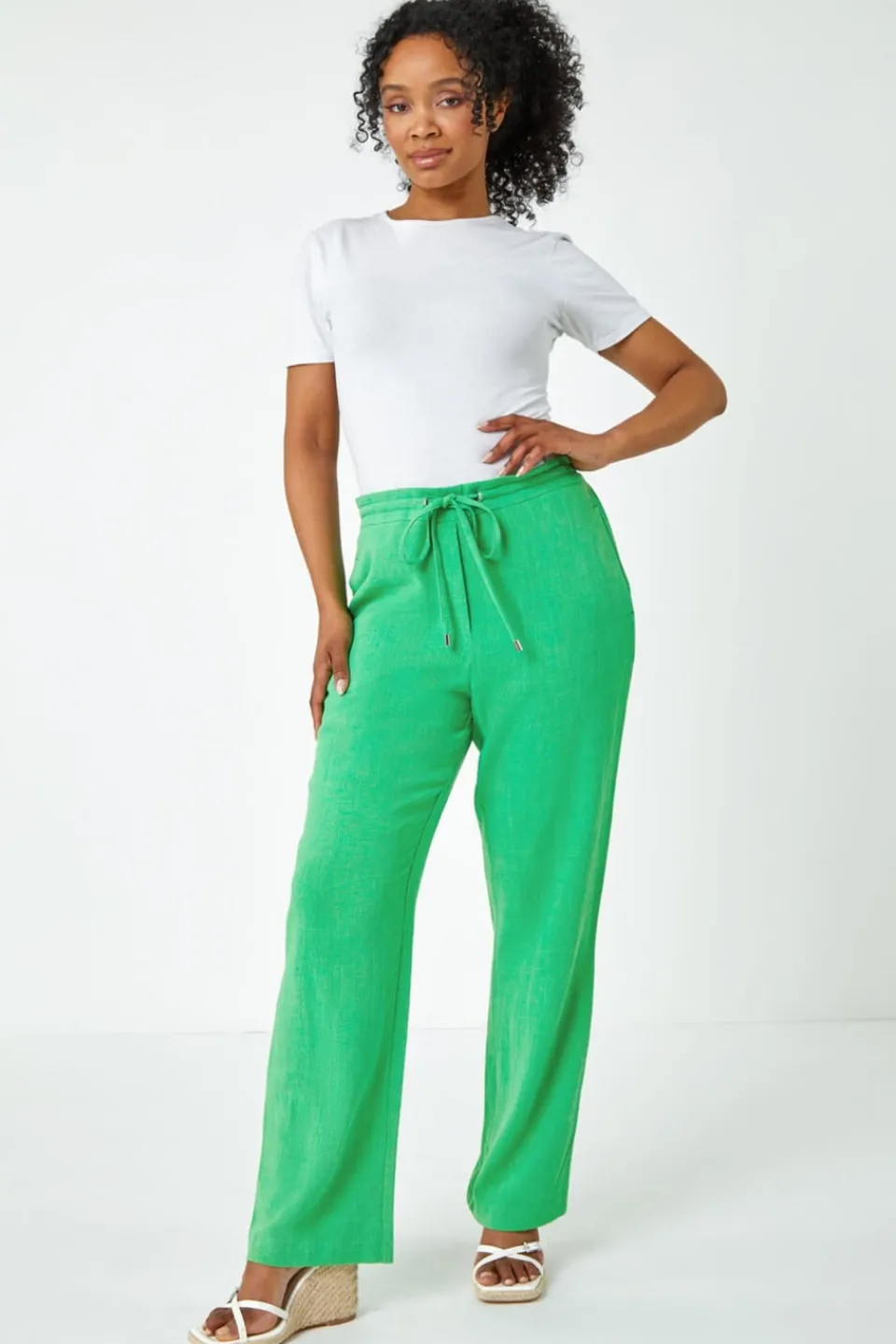 Trousers>Roman Green Petite Linen Mix Elastic Waist Tie Front Trousers
