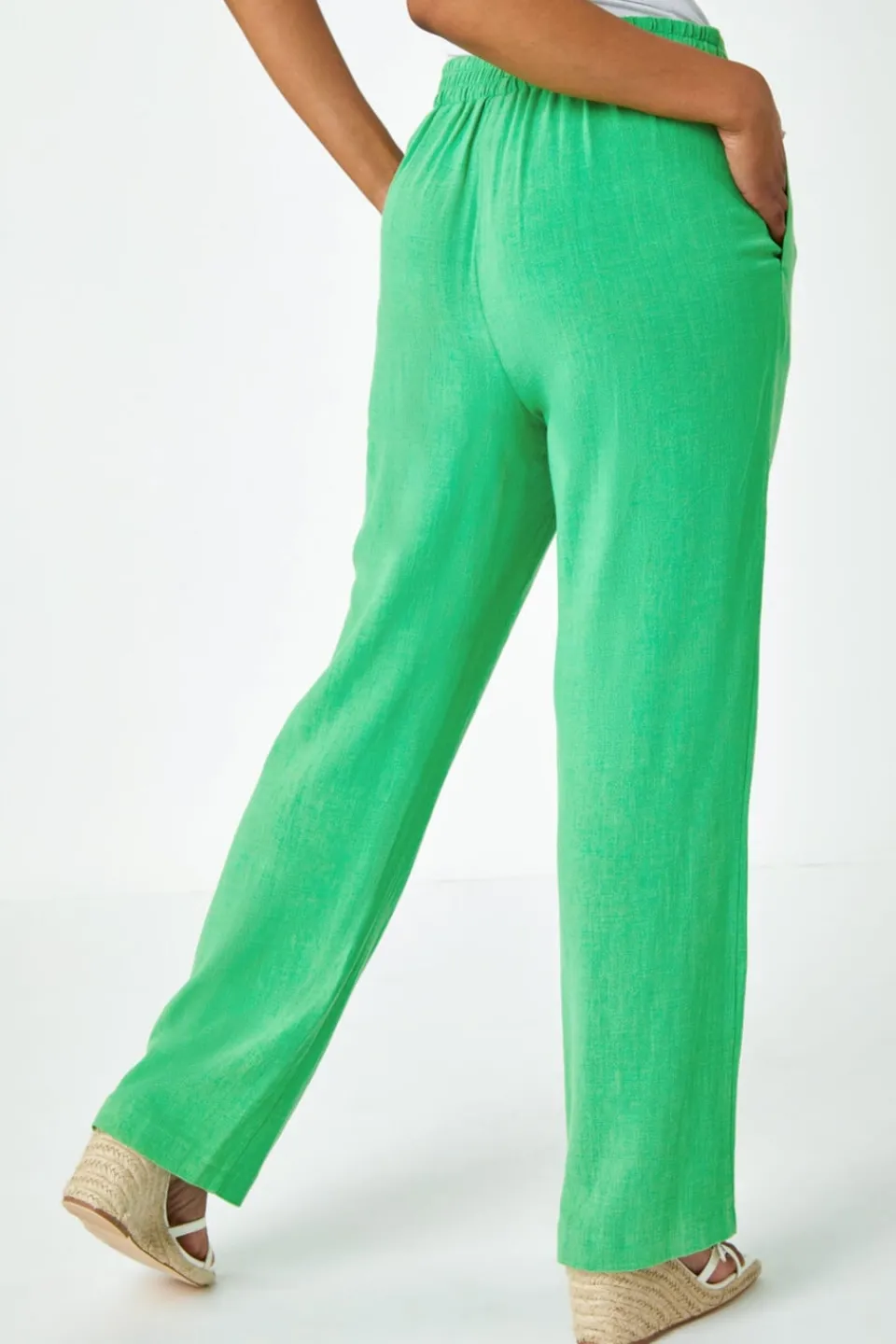Trousers>Roman Green Petite Linen Mix Elastic Waist Tie Front Trousers