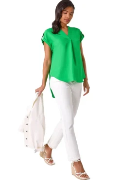 Tops>Roman Green Pleated Notch Neck Top
