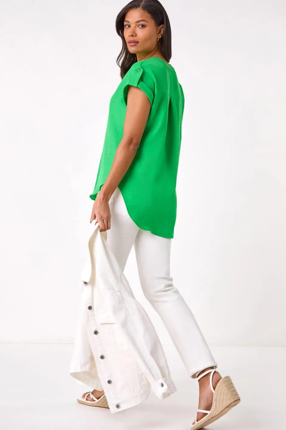 Tops>Roman Green Pleated Notch Neck Top