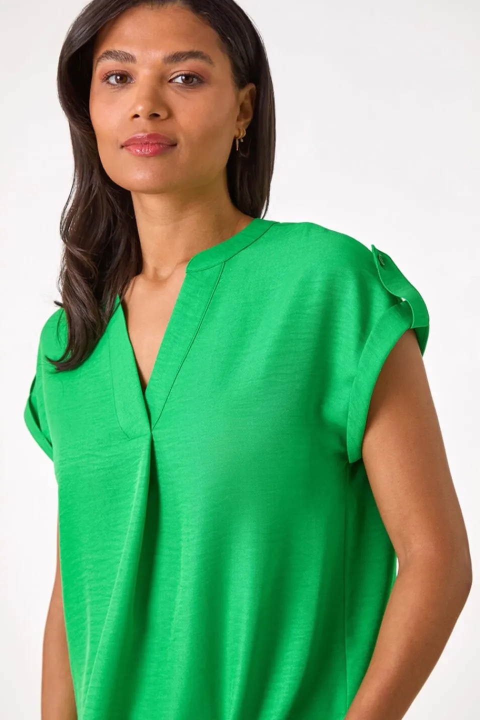 Tops>Roman Green Pleated Notch Neck Top
