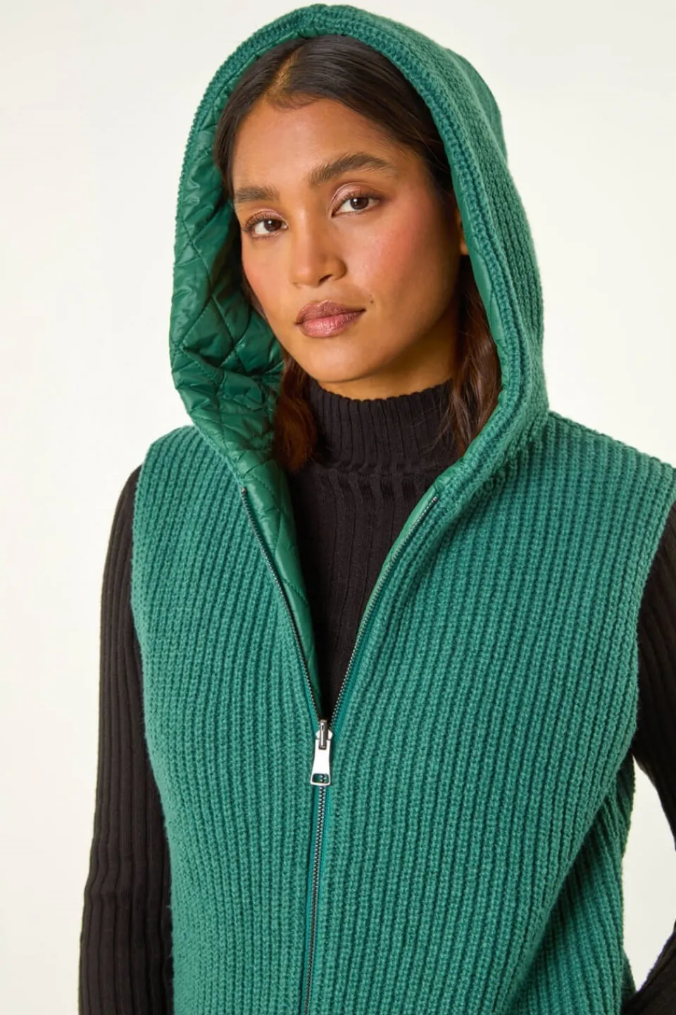 Tops>Roman Reversible Hooded Knit Gilet Green