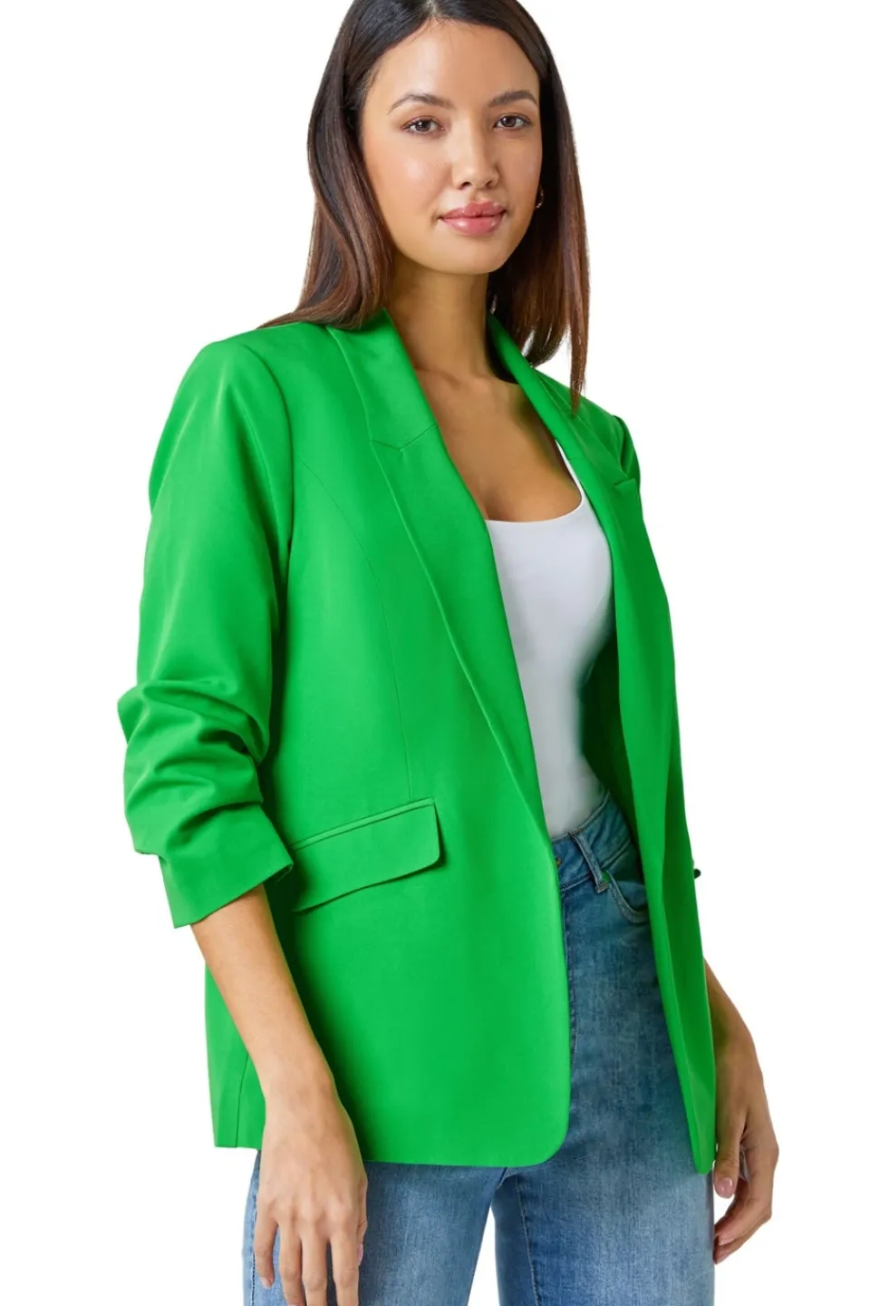 Coats & Jackets>Roman Ruched 3/4 Sleeve Stretch Blazer Green