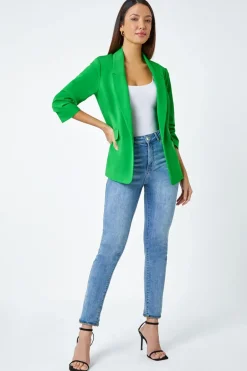 Coats & Jackets>Roman Ruched 3/4 Sleeve Stretch Blazer Green