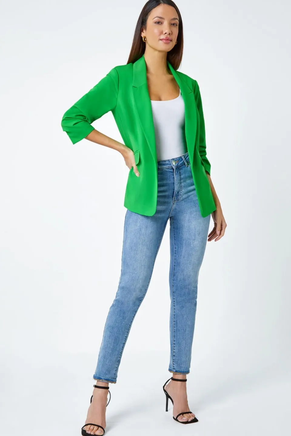 Coats & Jackets>Roman Ruched 3/4 Sleeve Stretch Blazer Green