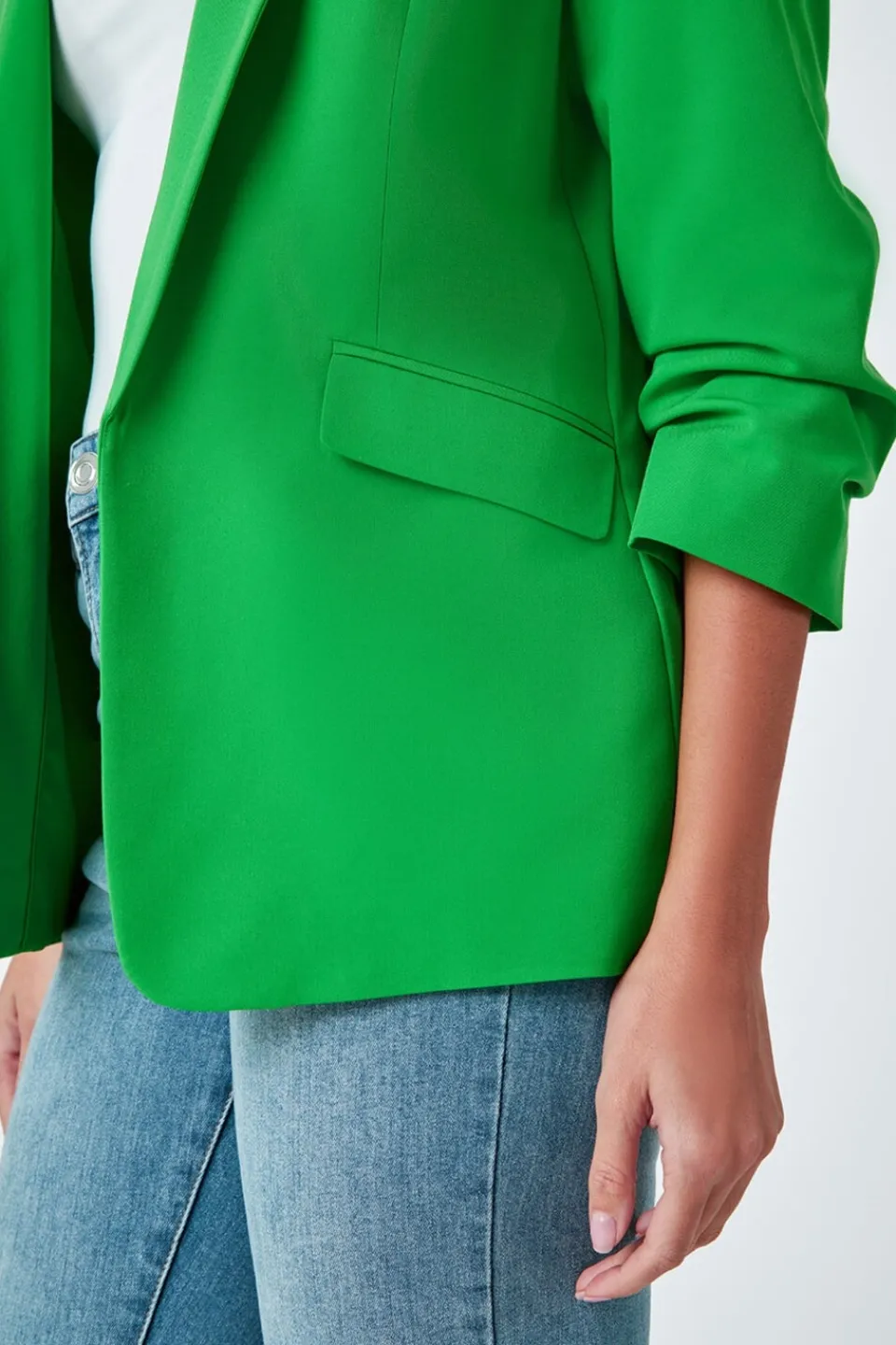 Coats & Jackets>Roman Ruched 3/4 Sleeve Stretch Blazer Green