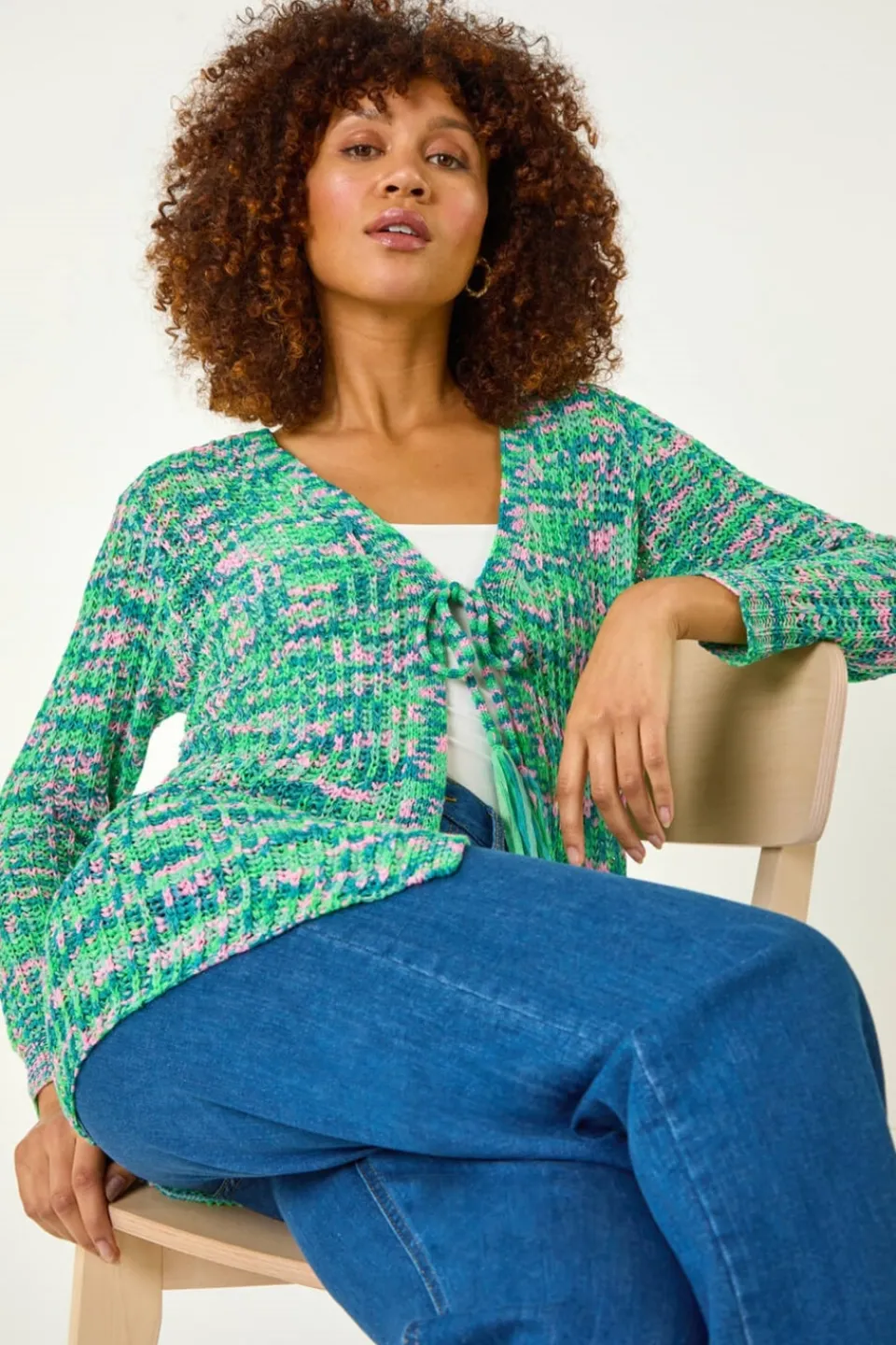 Tops>Roman Green Spacedye Tie Knit Cardigan