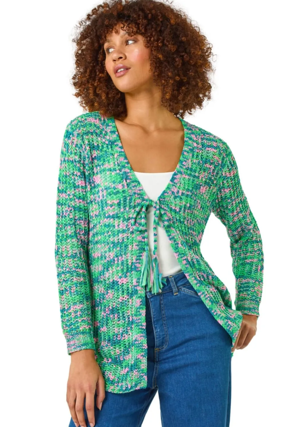 Tops>Roman Green Spacedye Tie Knit Cardigan