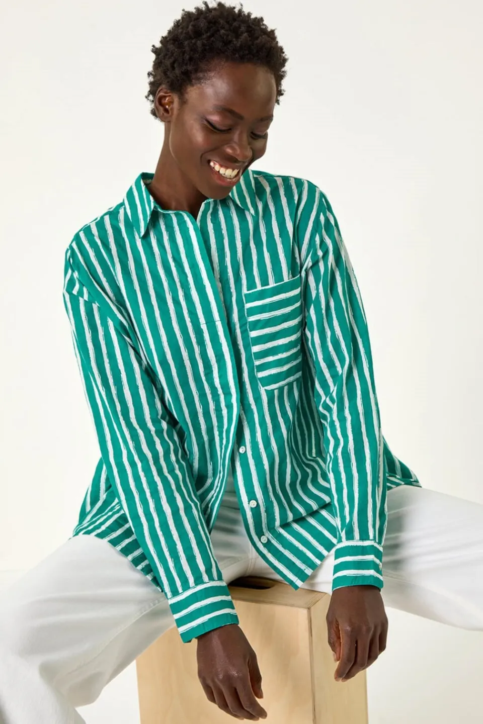 Tops>Roman Green Stripe Linear Print V-Neck Button Shirt