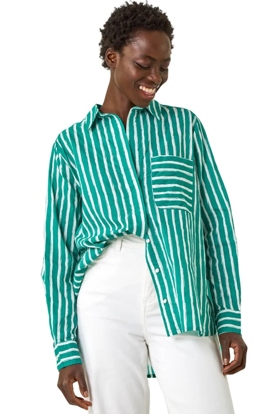 Tops>Roman Green Stripe Linear Print V-Neck Button Shirt