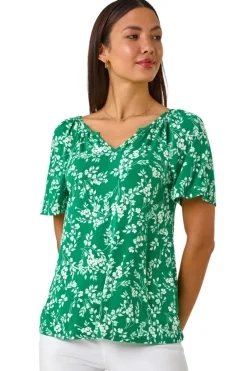 Tops>Roman Green Textured Ditsy Floral Print Stretch Top