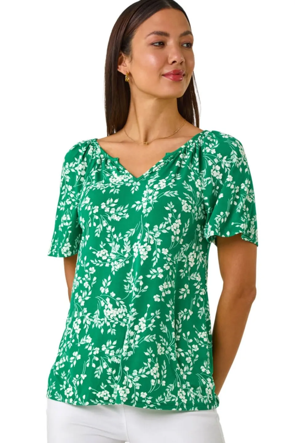 Tops>Roman Green Textured Ditsy Floral Print Stretch Top