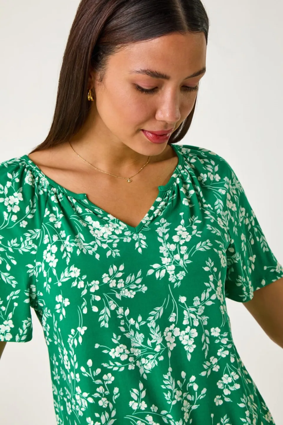 Tops>Roman Green Textured Ditsy Floral Print Stretch Top