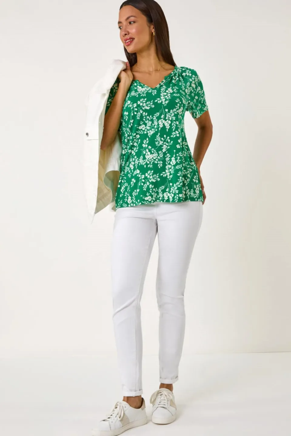 Tops>Roman Green Textured Ditsy Floral Print Stretch Top