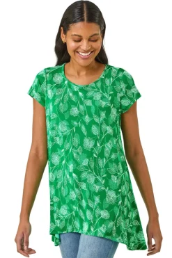 Tops>Roman Green Textured Floral Print Tunic Top