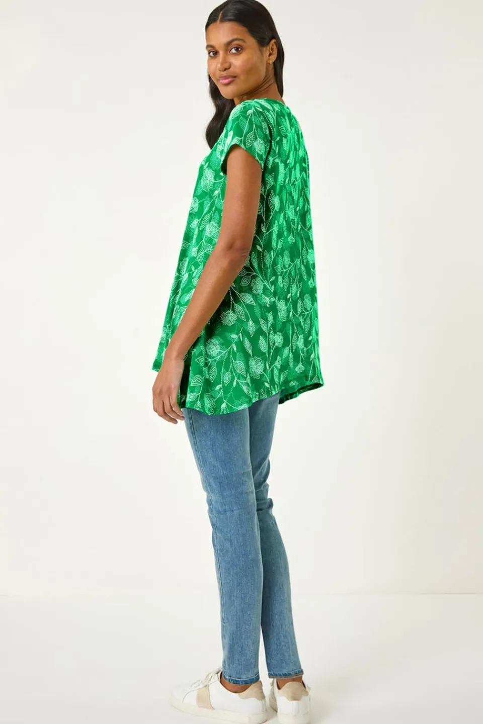 Tops>Roman Green Textured Floral Print Tunic Top