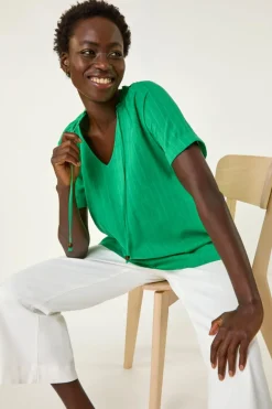 Tops>Roman Green Textured Tie V Neck Top