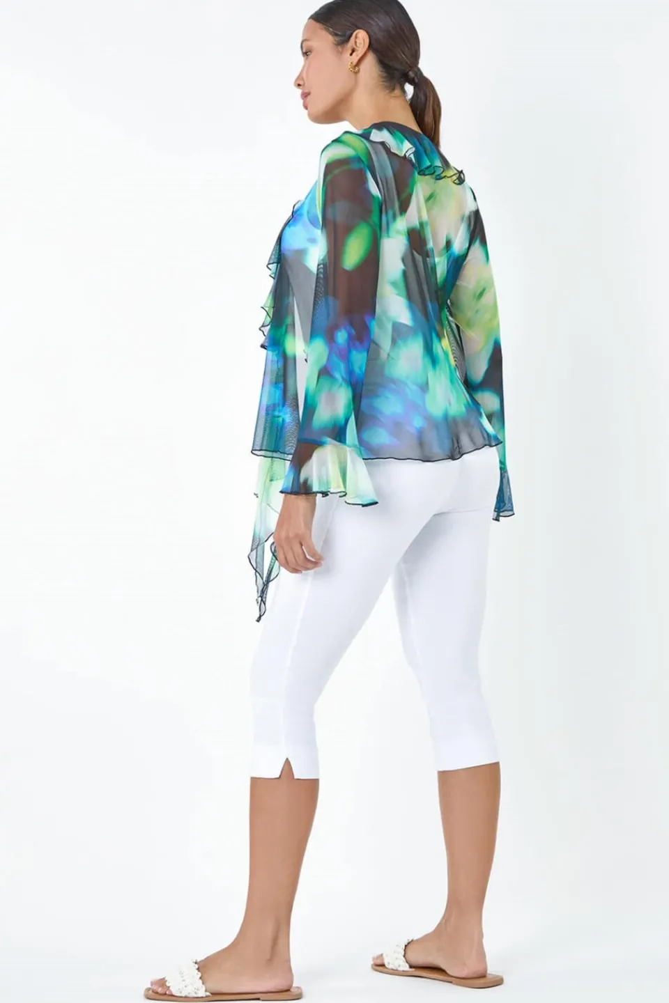 Tops>Roman Green Tie Frill Detail V Neck Stretch Mesh Top