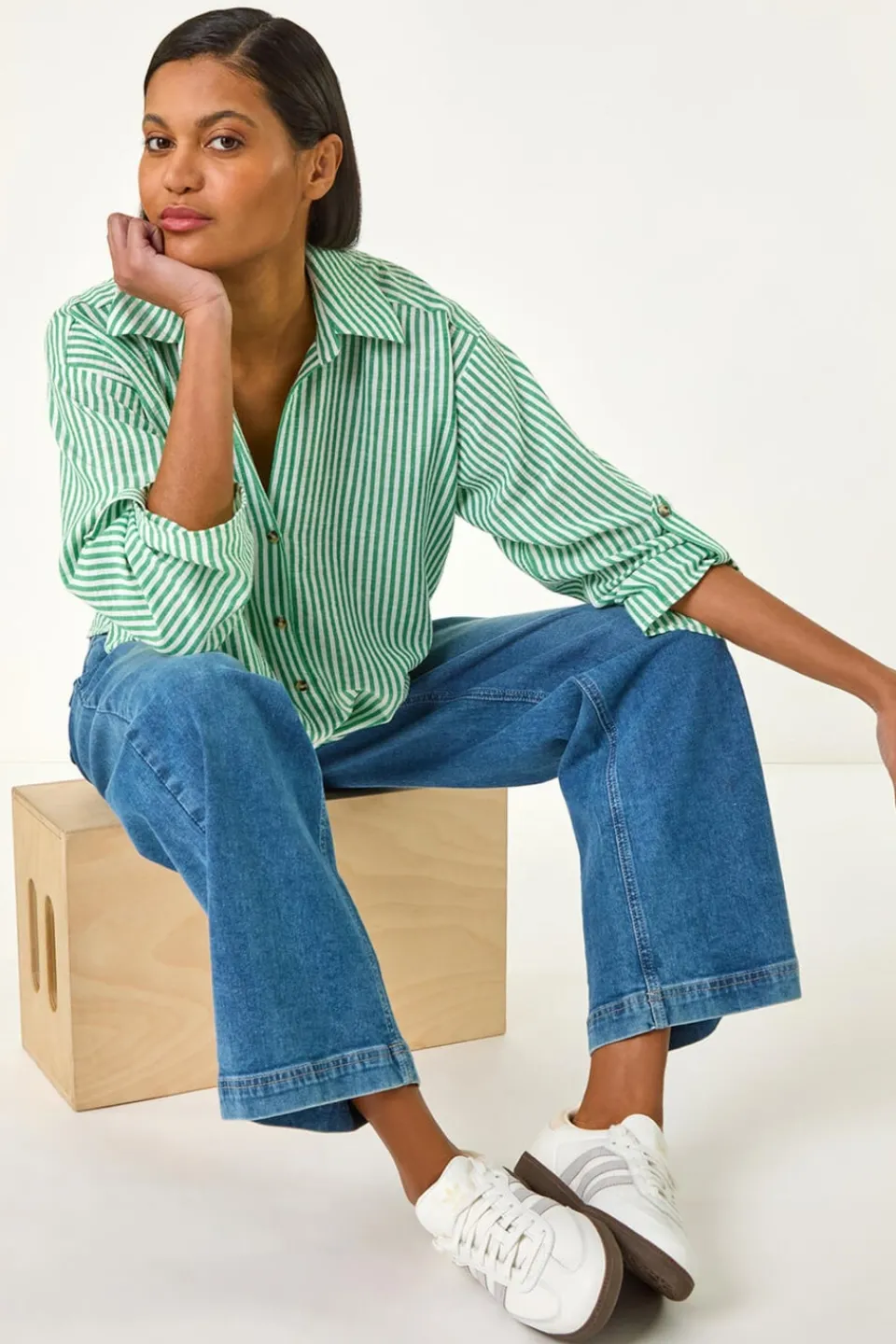 Tops>Roman Green Twisted Hem Striped Shirt