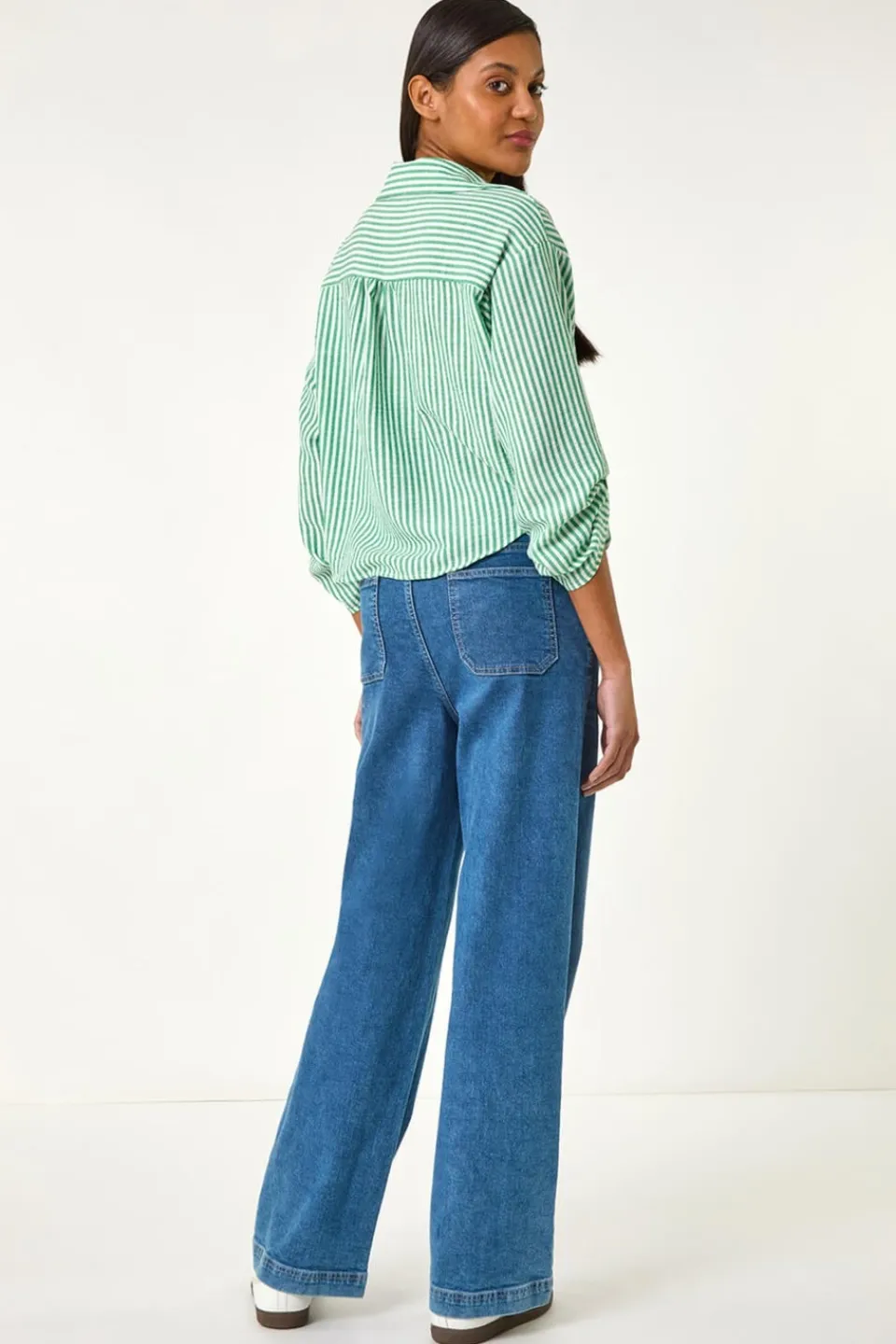 Tops>Roman Green Twisted Hem Striped Shirt