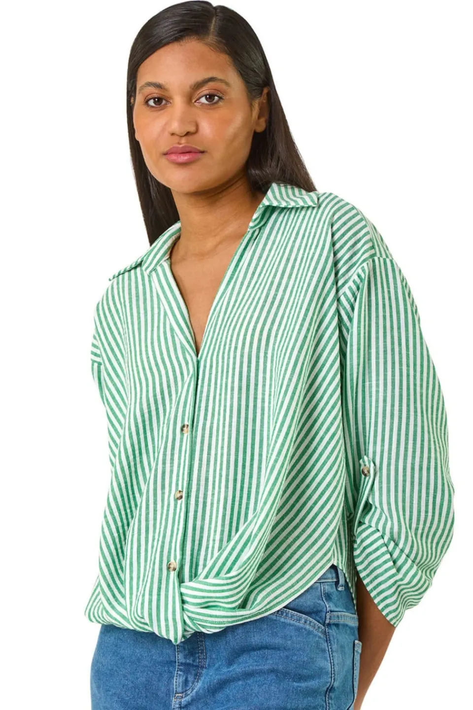 Tops>Roman Green Twisted Hem Striped Shirt
