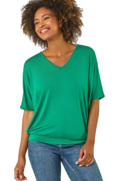 Tops>Roman Green V Neck Grown On Sleeve Stretch Top