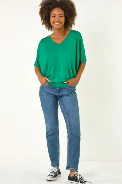 Tops>Roman Green V Neck Grown On Sleeve Stretch Top