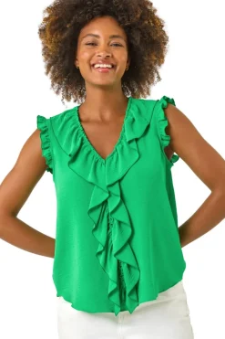 Tops>Roman Green V-Neck Ruffle Front Vest Top