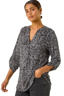 Tops>Roman Grey Animal Print Stretch Blouse