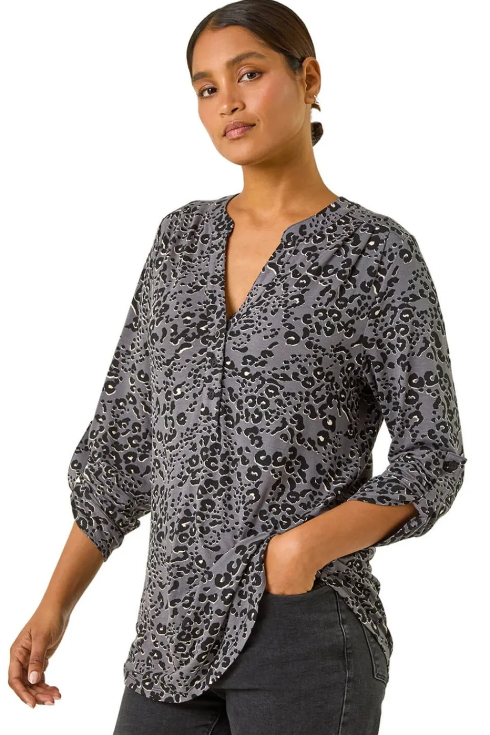 Tops>Roman Grey Animal Print Stretch Blouse