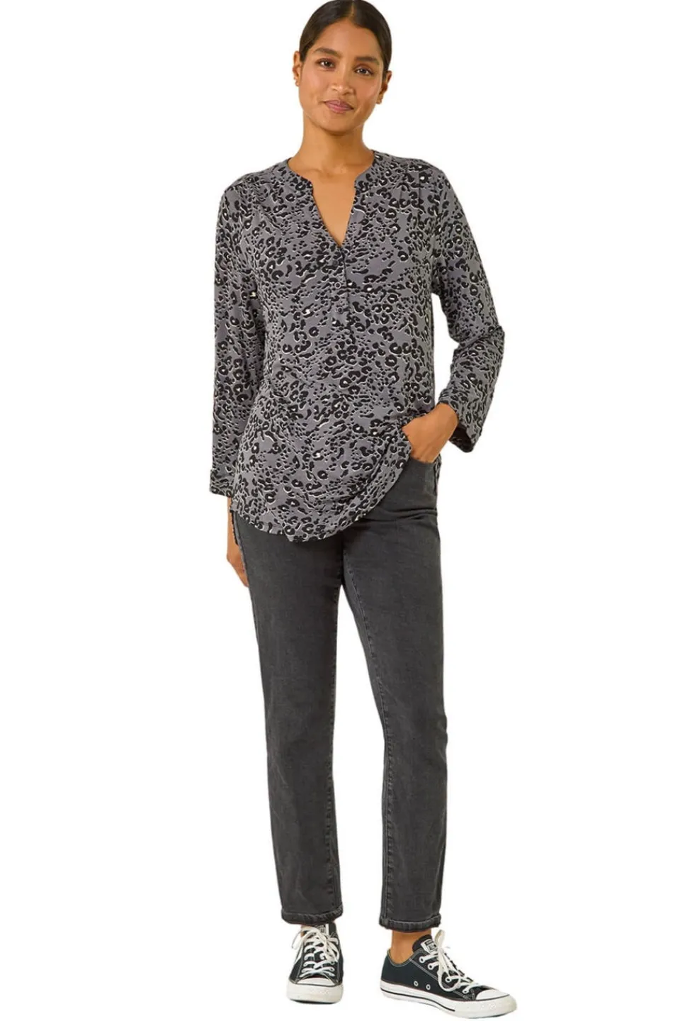 Tops>Roman Grey Animal Print Stretch Blouse