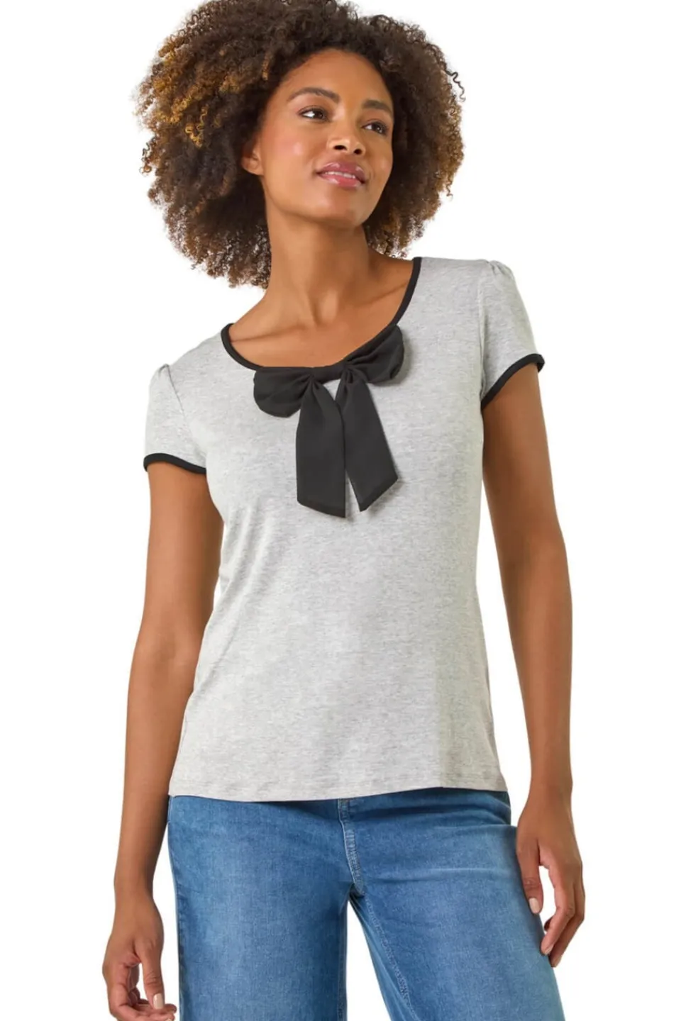 T-Shirts>Roman Grey Bow Front Stretch Top