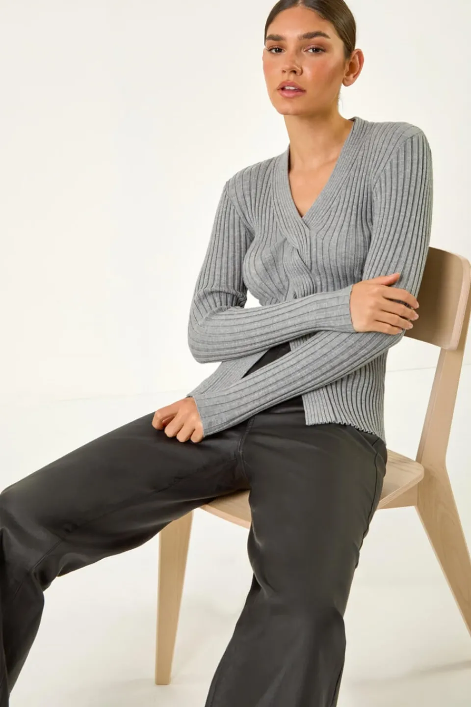 Tops>Roman Cable Split Detail Rib Jumper Grey