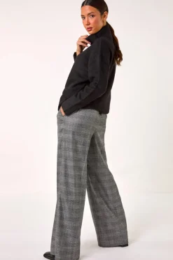 Trousers>Roman Grey Check Print Tie Front Wide leg Tie Trouser