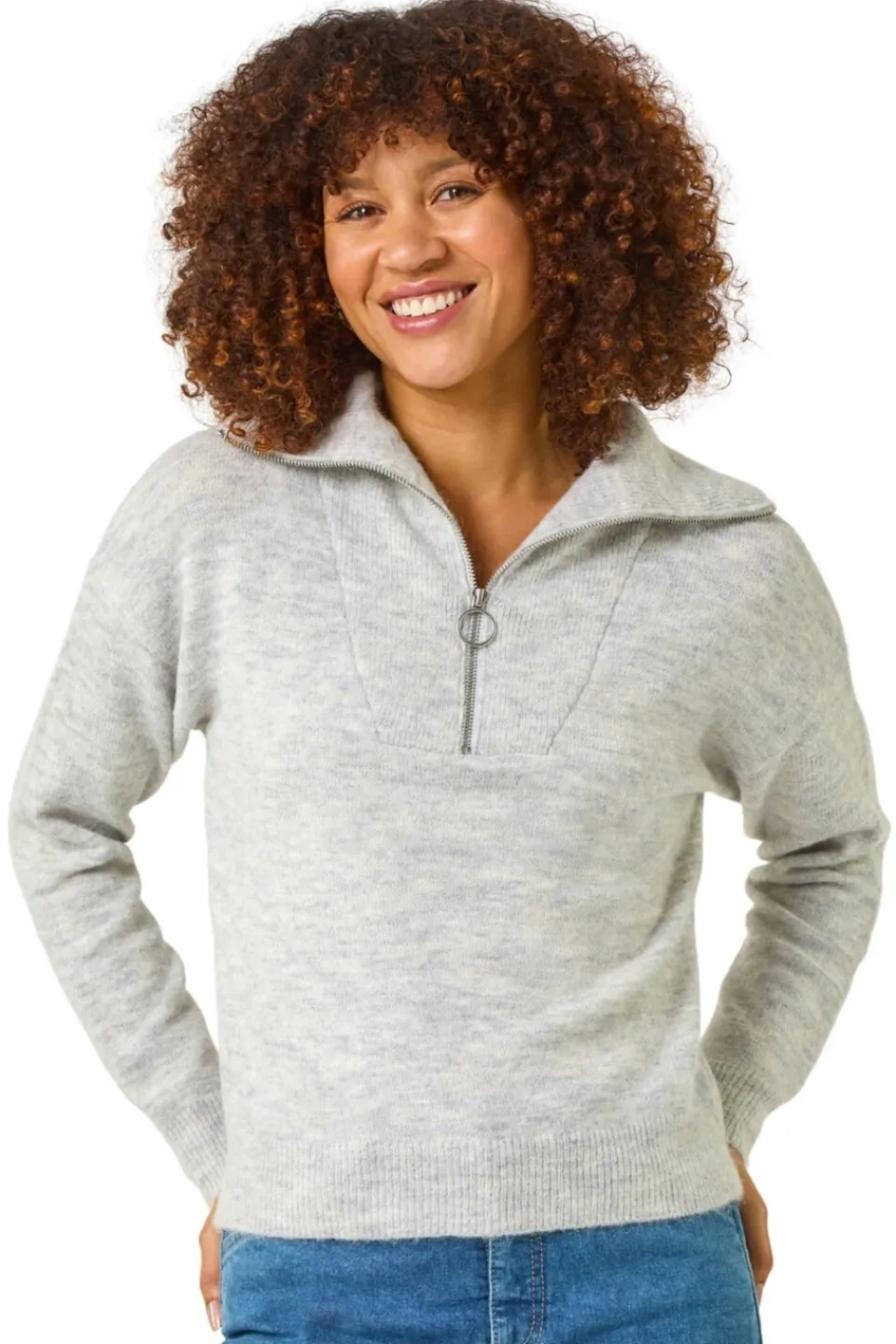 Tops>Roman Collar Zip Neck Knit Jumper Grey