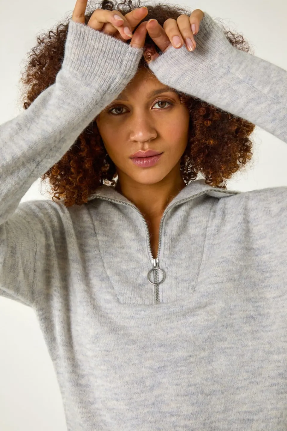 Tops>Roman Collar Zip Neck Knit Jumper Grey