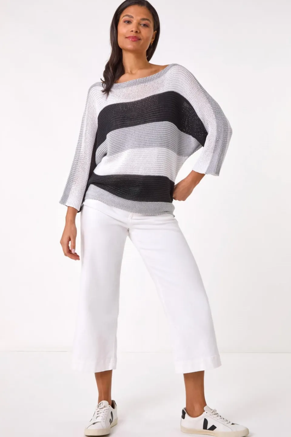 Tops>Roman Grey Colourblock Stripe Knit Jumper