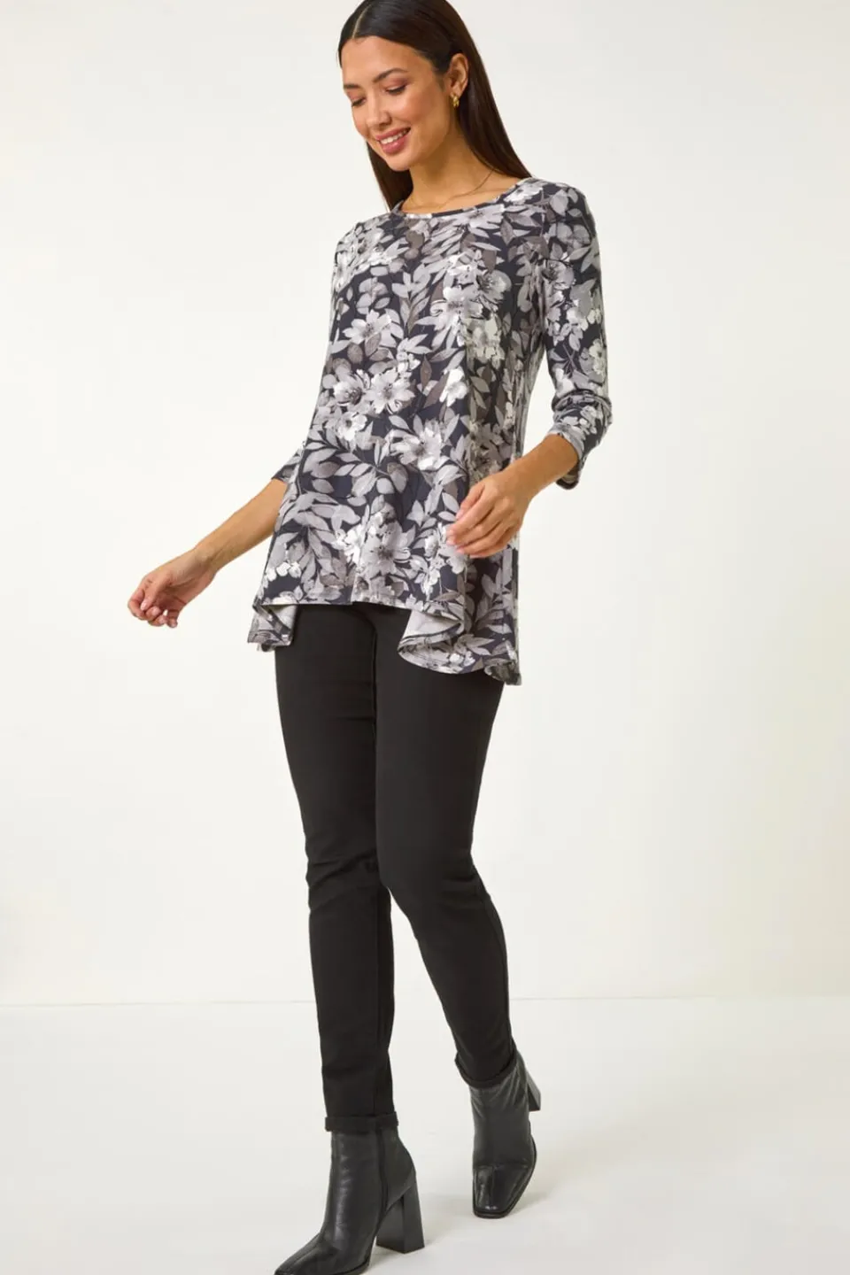 Tops>Roman Grey Floral Print Swing Top