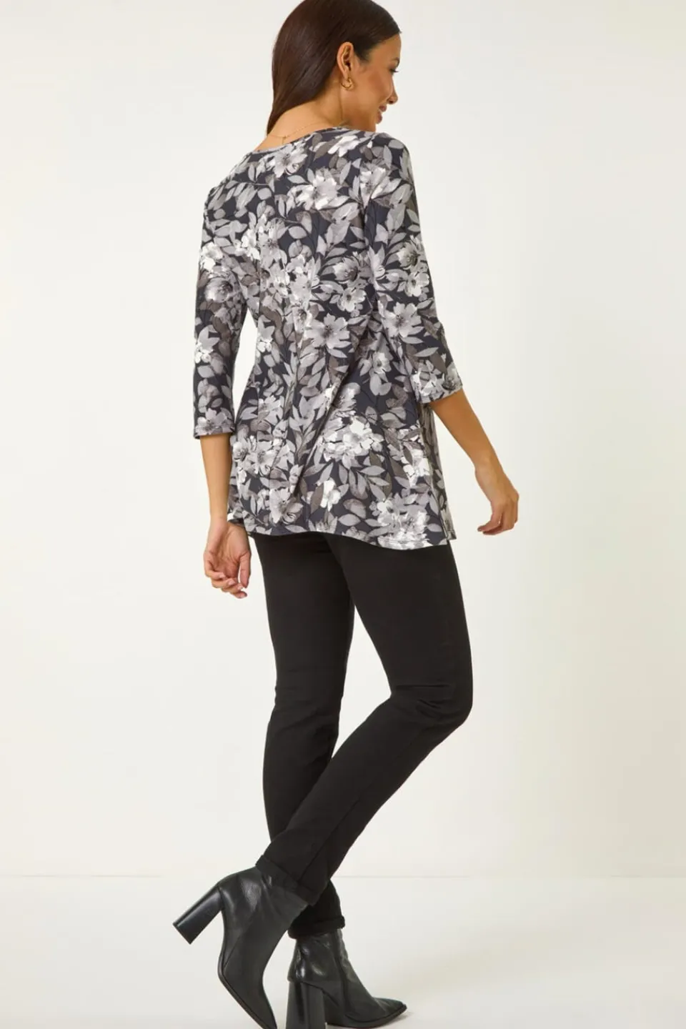 Tops>Roman Grey Floral Print Swing Top