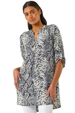 Tops>Roman Grey Snake Print V Neck Top