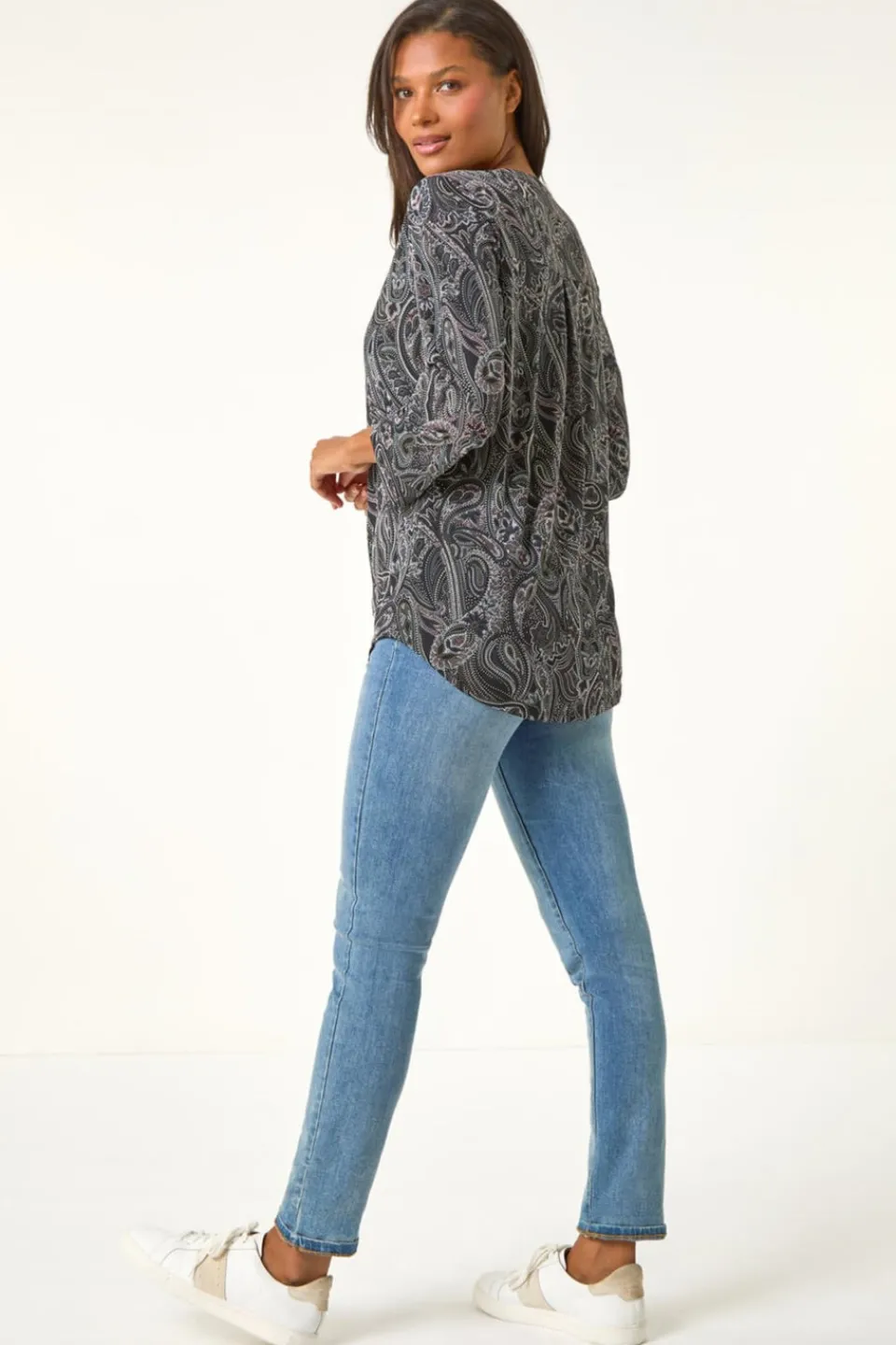 Tops>Roman Grey Textured Paisley Print Stretch Blouse