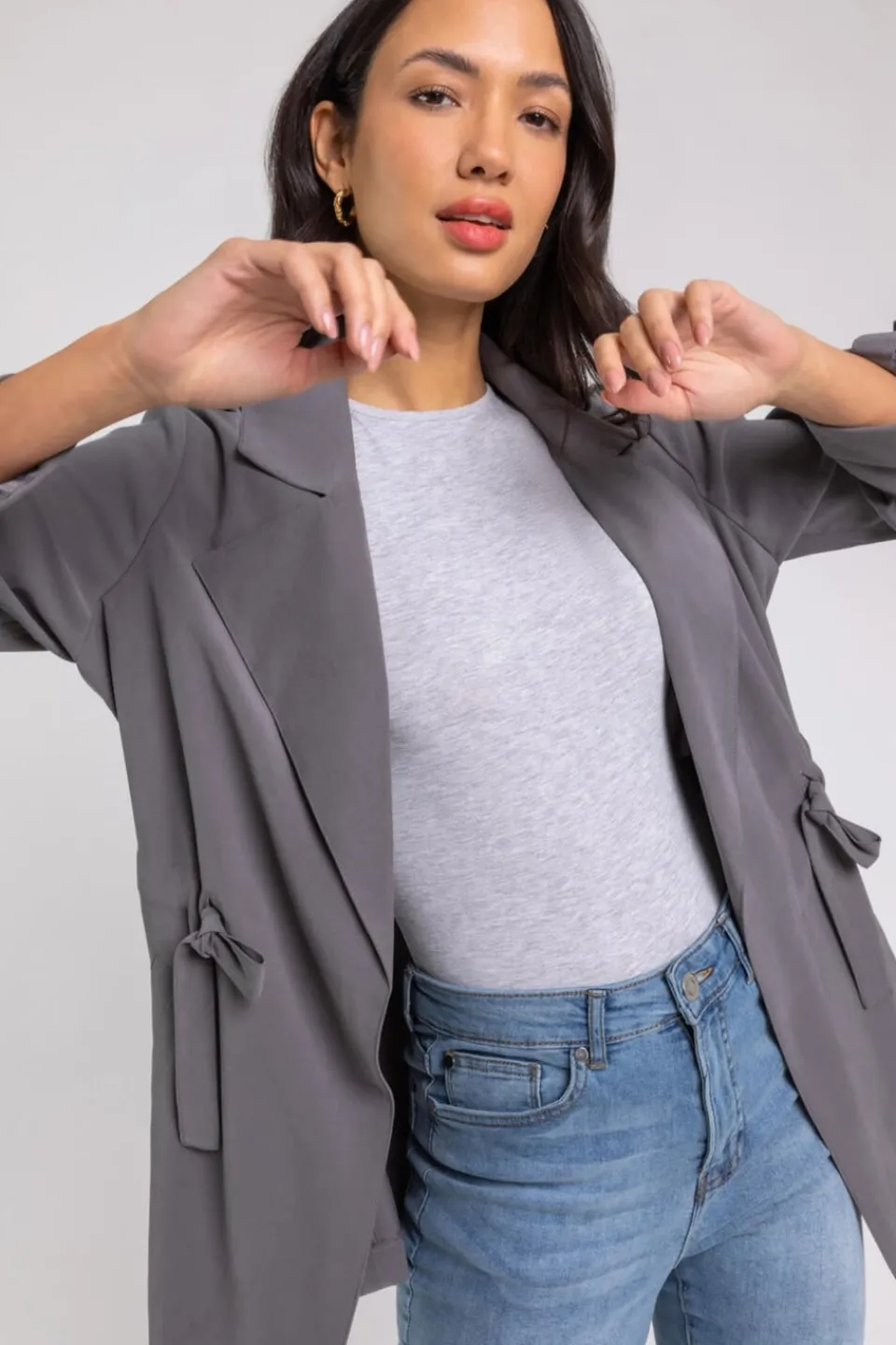 Coats & Jackets>Roman Tie Waist Longline Jacket Grey